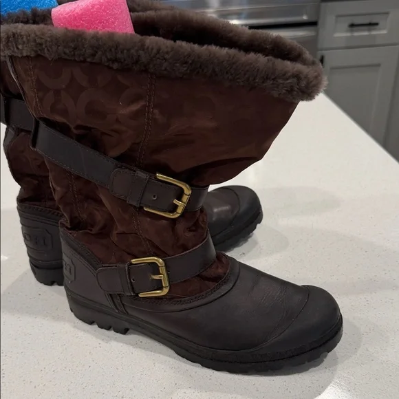 Coach Brown Fur-Lined Boots with Buckle Detail - Picture 3 of 5